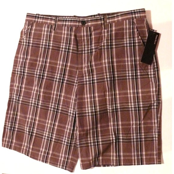 NWT PERRY ELLIS Mens Shorts Flat Front Plaid brown black white size 38" waist - Picture 1 of 5